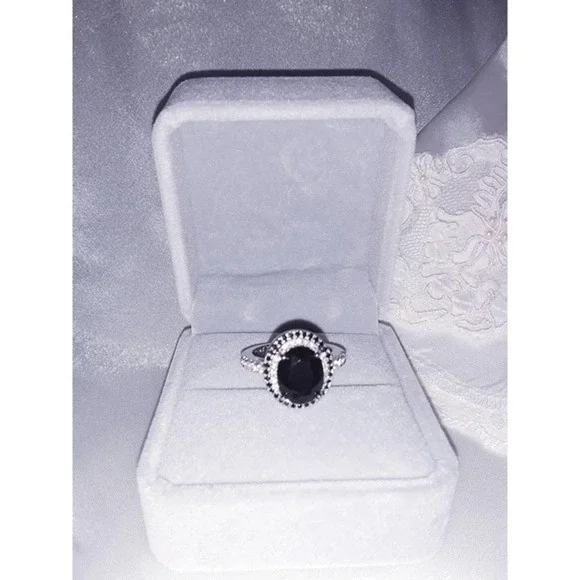 Black Sapphire & Diamond Ring Sz 7 - 925 Silver Cocktail Ring NIB - Picture 5 of 5